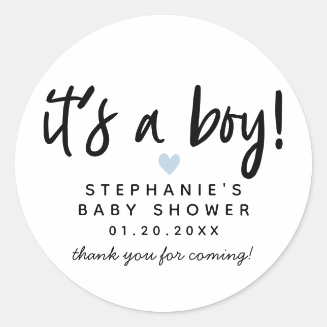 Modern Blue Heart Baby Shower Classic Round Sticker (Front)
