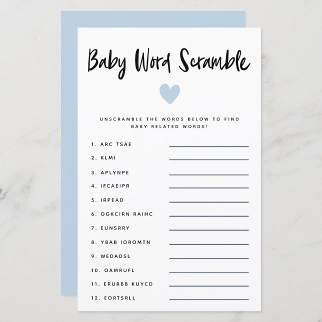 Modern Blue Heart Baby Word Scramble Game  (Front/Back)