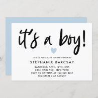 Modern Blue Heart Its A Boy Baby Shower Invitation