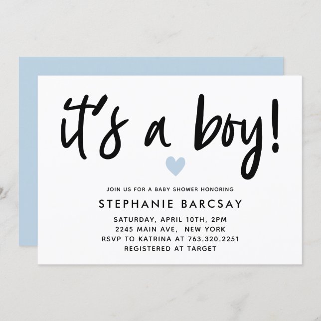 Modern Blue Heart Its A Boy Baby Shower Invitation (Front/Back)
