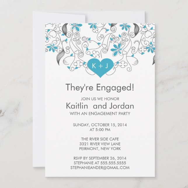 Modern Blue Heart with Flowers Engagement Party Invitation (Front)