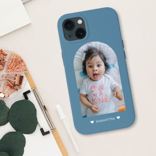 Modern Blue Hearts Name Arch Family Photo iPhone 13 Case