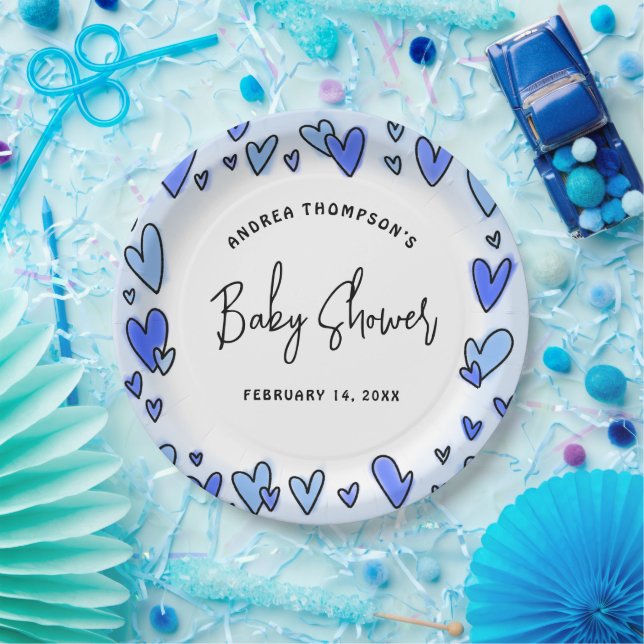 Modern Blue Hearts Valentine Baby Shower Paper Plates (Party)