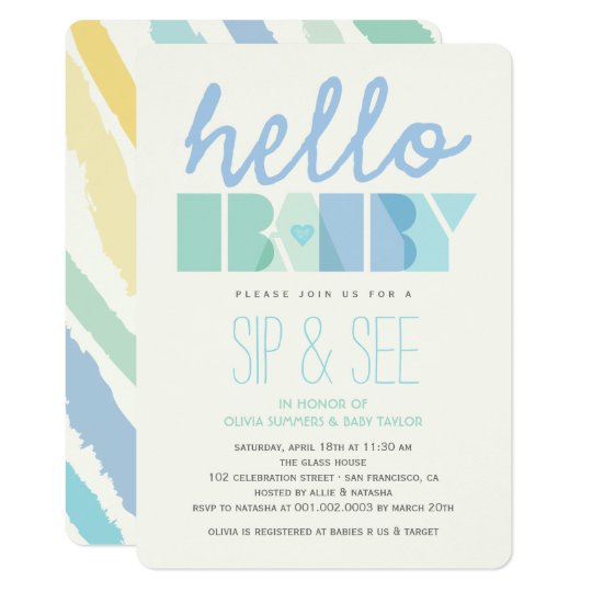 Modern Blue Hello Sip See Boy Baby Shower Invite