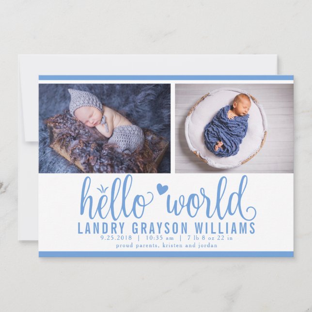 Modern Blue Hello World Photo Birth Stat Announcement (Front)