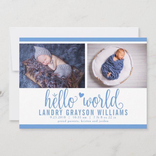 Modern Blue Hello World Photo Birth Stat Announcement (Front)