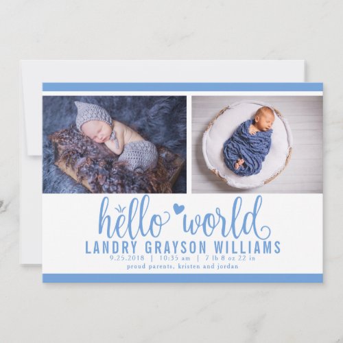 Modern Blue Hello World Photo Birth Stat Announcement