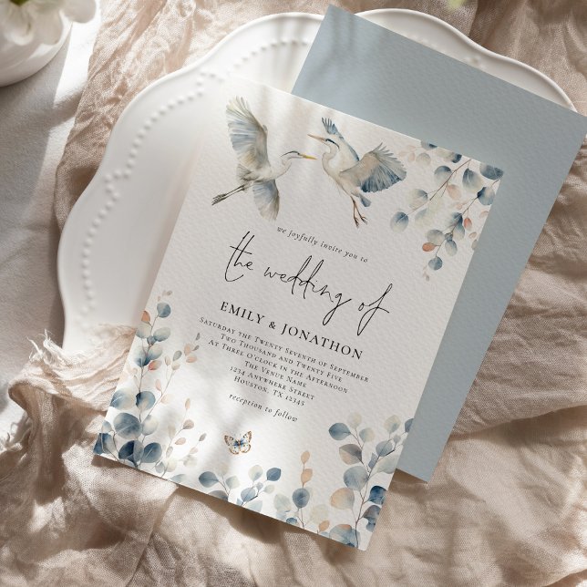 Modern Blue Heron Pastel Foliage Wedding Invitation (Front and back view)