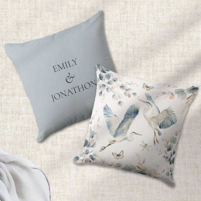 Modern Blue Herons Flying Names Newlyweds Throw Pillow (Front and back view)