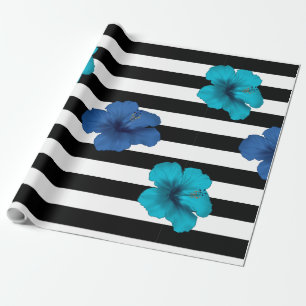 Modern Blue Hibiscus Black White Stripes Wrapping Paper