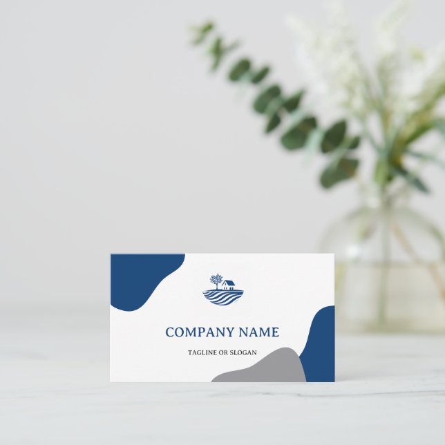 Modern Blue House Logo Real Estate Realtor Navy Business Card (Standing Front)