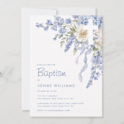 Modern blue hydrangea baptism invitation
