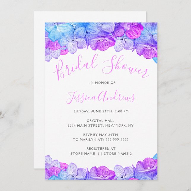 Modern Blue Hydrangea Floral Bridal Shower Invitation (Front/Back)