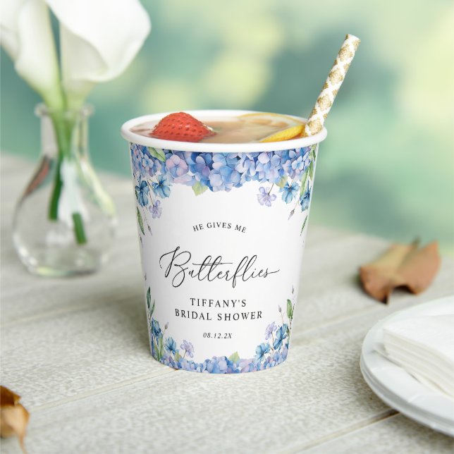 Modern Blue Hydrangea Floral Bridal Shower Paper Cups (Insitu)