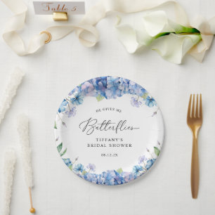 Modern Blue Hydrangea Floral Bridal Shower Paper Plates