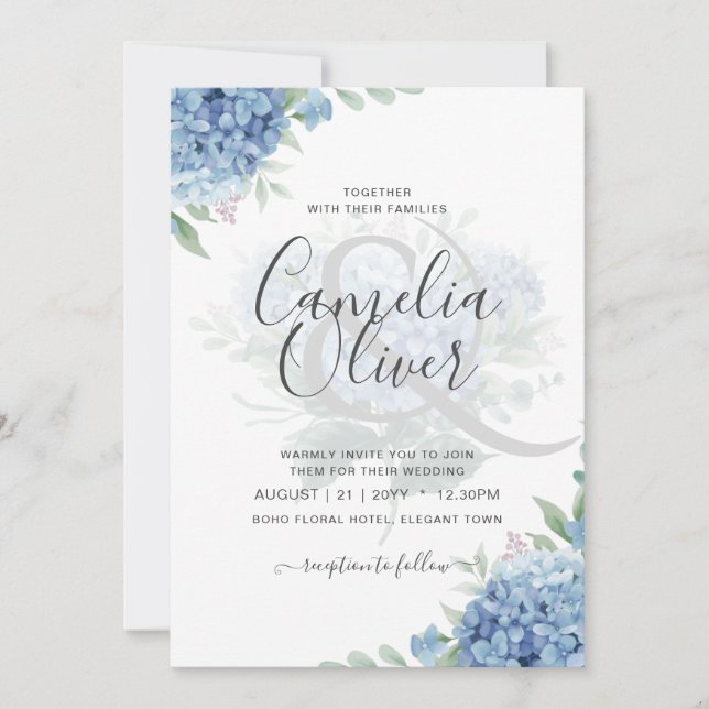 Modern Blue Hydrangea Floral Wedding Invitation (Front)