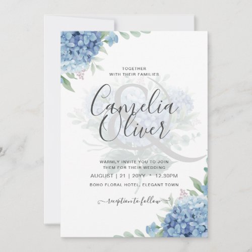 Modern Blue Hydrangea Floral Wedding Invitation