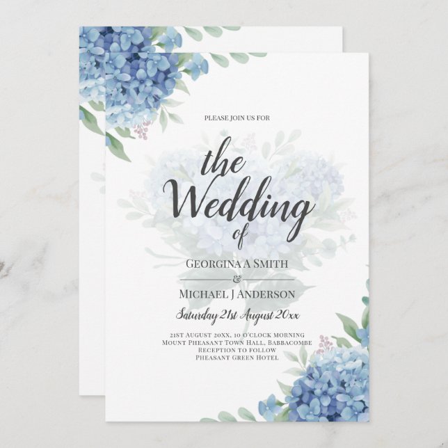 Modern Blue Hydrangea Floral Wedding Invitation (Front/Back)