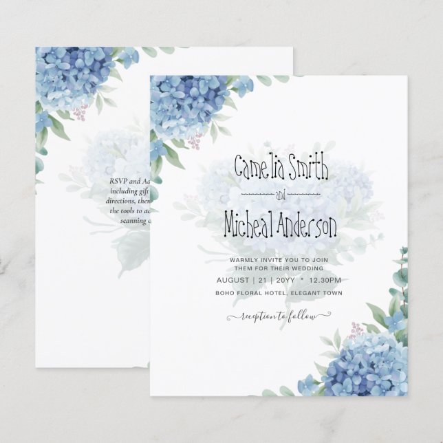 Modern Blue Hydrangea Floral Wedding Invitation (Front/Back)