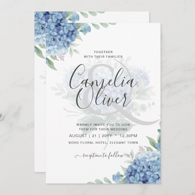 Modern Blue Hydrangea Floral Wedding Invitation (Front/Back)