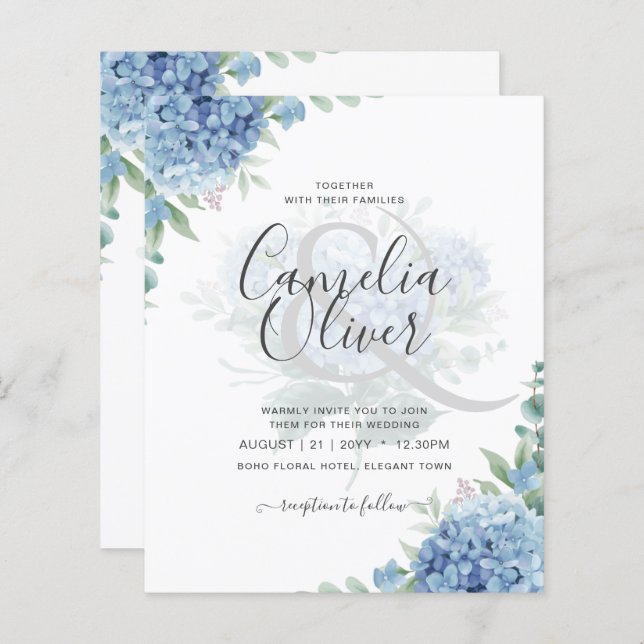 Modern Blue Hydrangea Floral Wedding Invitation (Front/Back)
