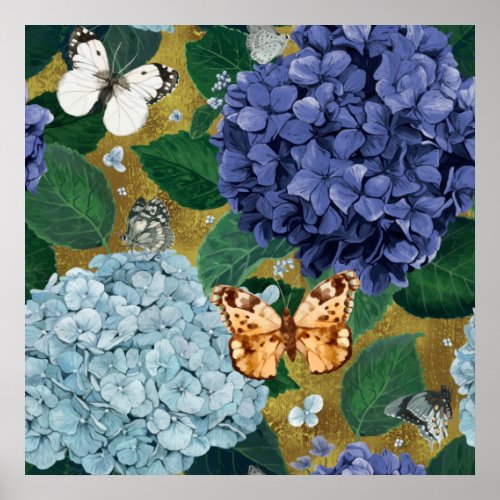 Modern Blue Hydrangea Flowers and Butterfly  Poster