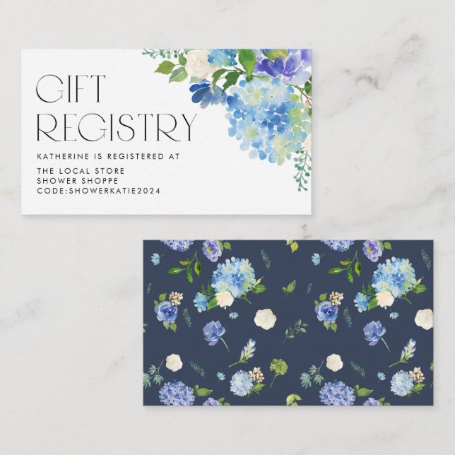 Modern Blue Hydrangea Flowers Baby Shower Registry Enclosure Card (Front/Back)