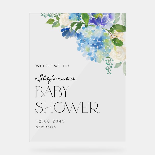 Modern Blue Hydrangea Flowers Baby Shower Welcome Acrylic Sign (Front)