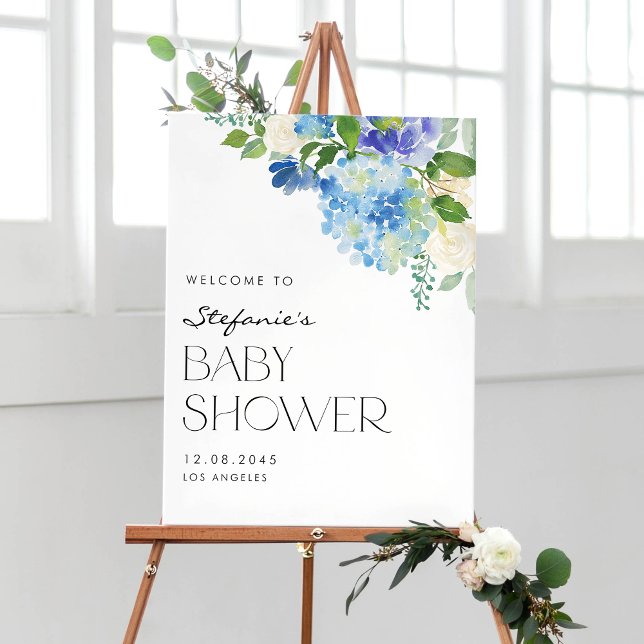 Modern Blue Hydrangea Flowers Baby Shower Welcome Poster (Creator Uploaded)
