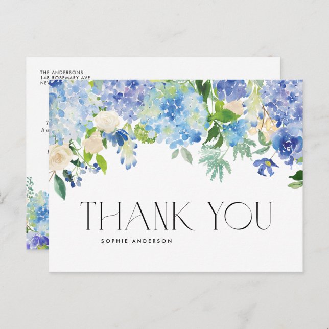 Modern Blue Hydrangea Flowers Thank You Postcard (Front/Back)