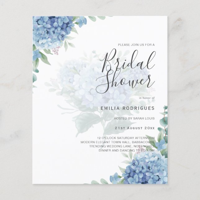 Modern Blue Hydrangea PHOTO Bridal Shower Invites Flyer (Front)