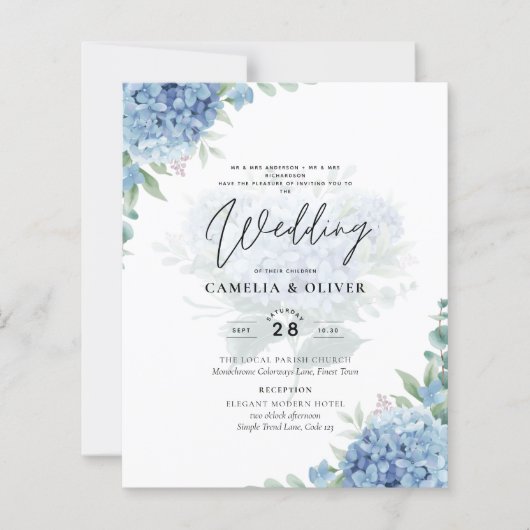 Modern Blue Hydrangea PHOTO Wedding Invitation (Front)