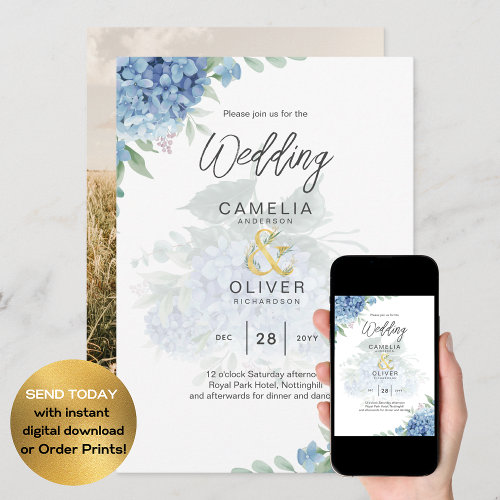Modern Blue Hydrangea PHOTO Wedding Invitation