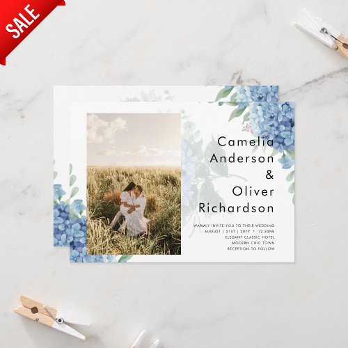 Modern Blue Hydrangea PHOTO Wedding Invitation