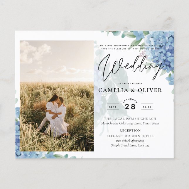 Modern Blue Hydrangea PHOTO Wedding Invitation Flyer (Front)