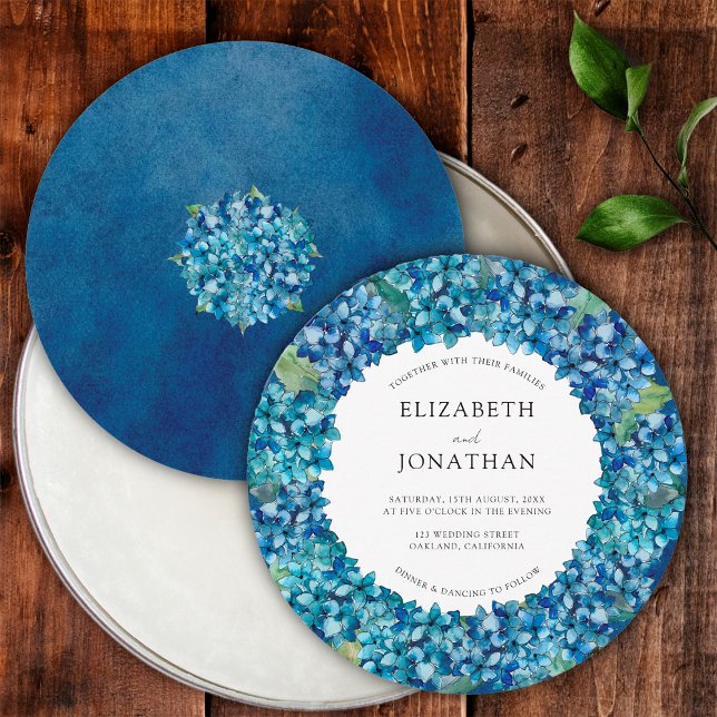 Modern Blue Hydrangea Round Wedding Invitation (Creator Uploaded)