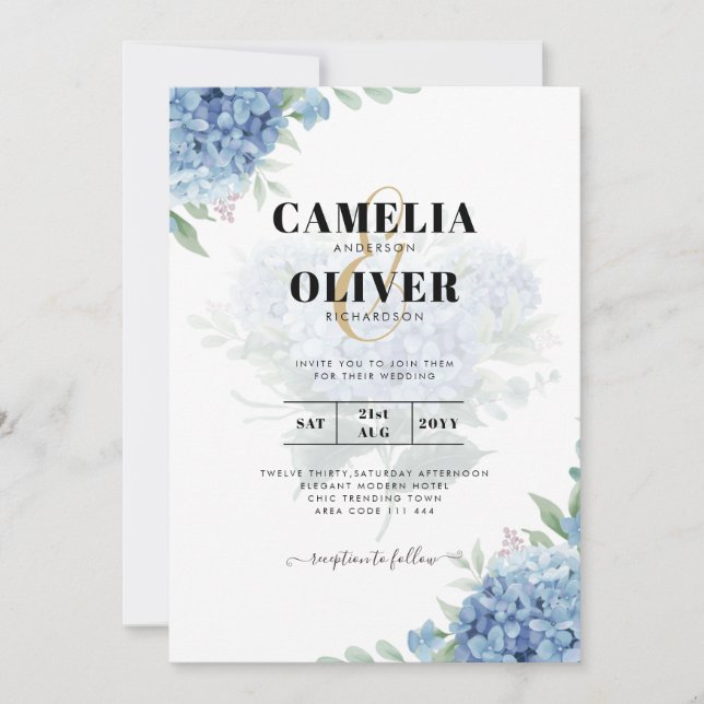 Modern Blue Hydrangea Wedding Invitation QR Code (Front)