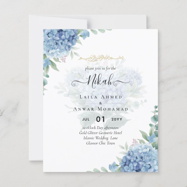 Modern Blue Hydrangea Wedding Invitation QR Code (Front)