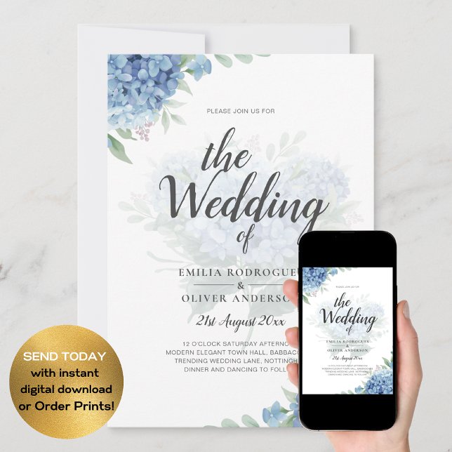 Modern Blue Hydrangea Wedding Invitation QR Code (Creator Uploaded)