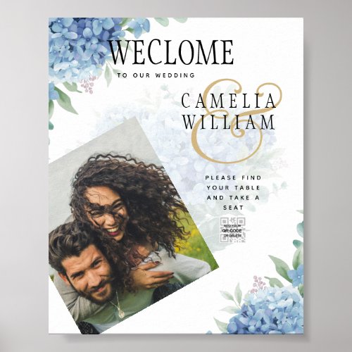 Modern Blue Hydrangea Wedding Invitation QR Code Poster