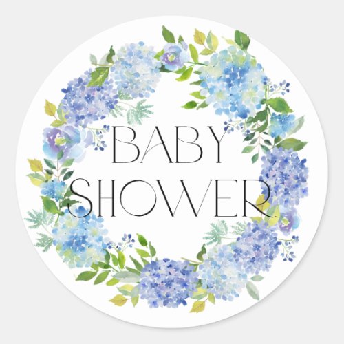 Modern Blue Hydrangea Wreath Baby Shower Classic Round Sticker