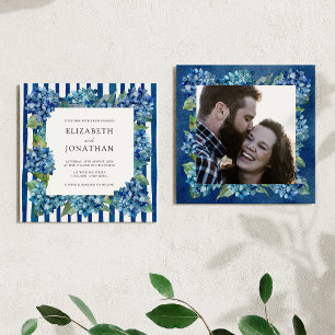 Modern Blue Hydrangeas Stripe Photo Wedding Invitation