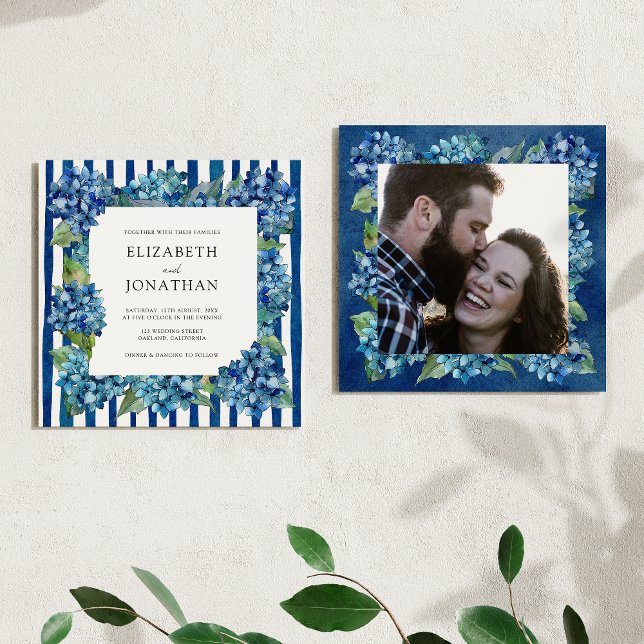 Modern Blue Hydrangeas Stripe Photo Wedding Invitation (Creator Uploaded)