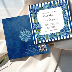 Modern Blue Hydrangeas Stripe RSVP QR Code Wedding Invitation