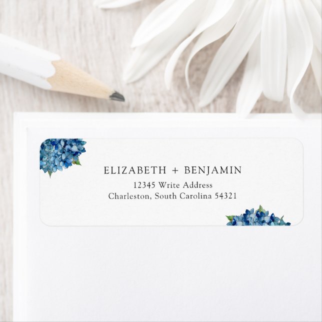 Modern Blue Hydrangeas Wedding RSVP Return Address Label (Insitu)