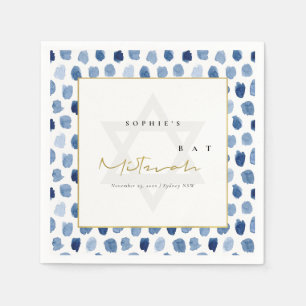 MODERN BLUE INDIGO WATERCOLOR DOTS BAR BAT MITZVAH NAPKINS