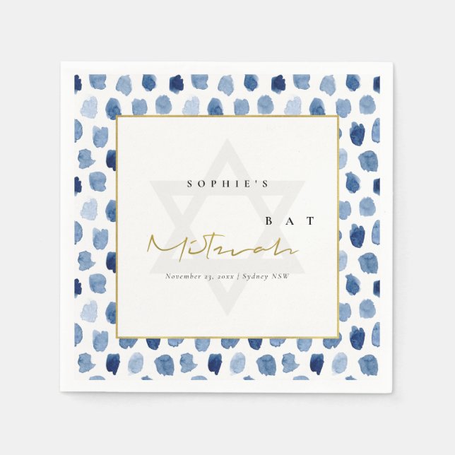 MODERN BLUE INDIGO WATERCOLOR DOTS BAR BAT MITZVAH NAPKINS (Front)