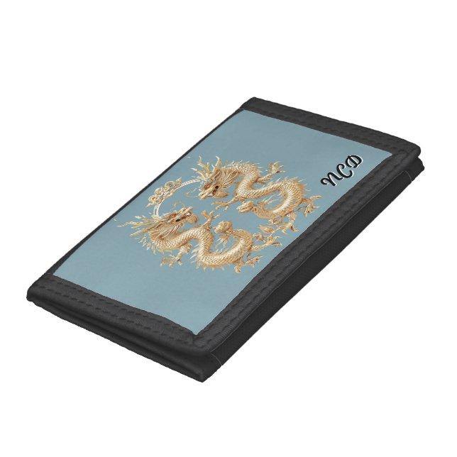 Modern Blue Initial Two-Headed Dragon Tri-fold Wallet (Bottom)