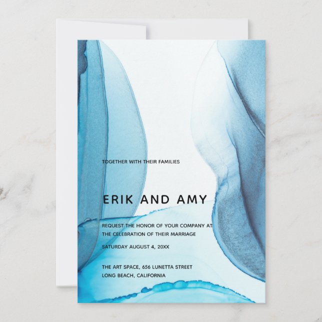 Modern Blue Ink Art Abstract Wedding Invitation (Front)