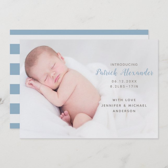 Modern Blue Introducing Baby Boy Photo Announcement (Front/Back)
